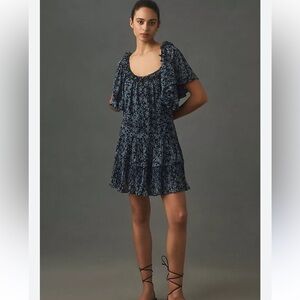 NWT ANTHROPOLOGIE SHORT SLEEVE KEYHOLE SWING TUNIC MINI DRESS BLUE FLORAL XS P